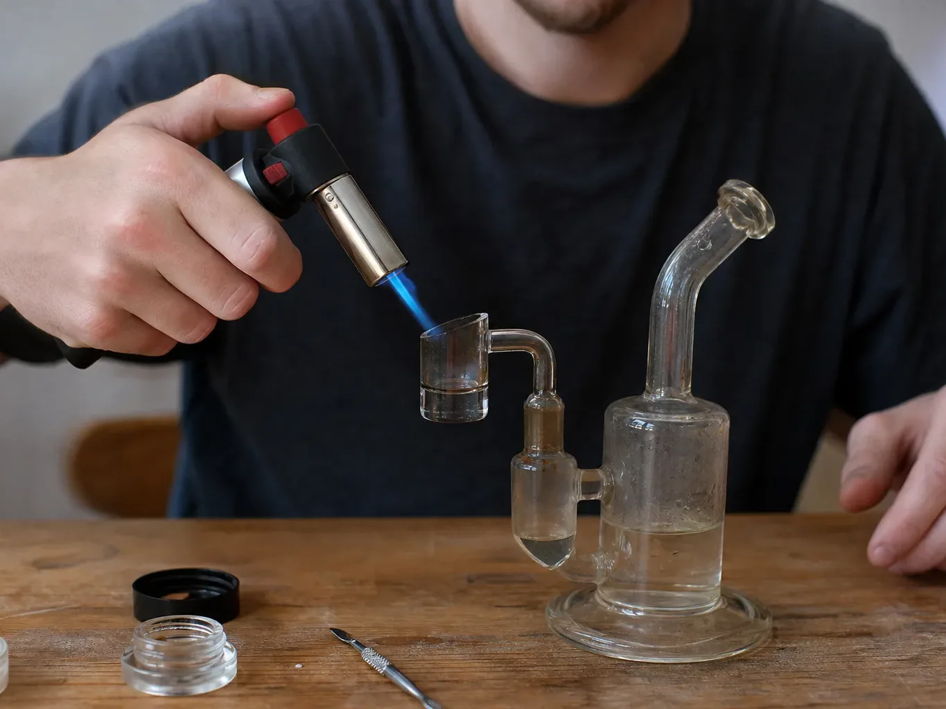 A dab rig setup with a small nail and torch on a wooden table with no background branding