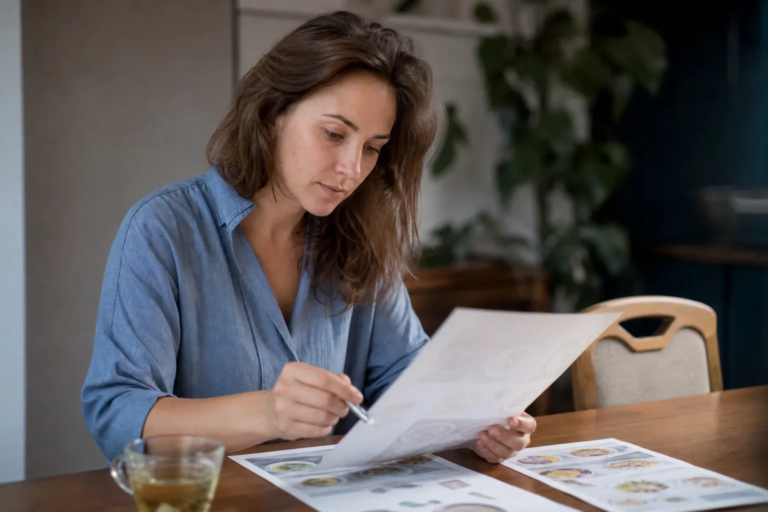 A person reviewing a printed price menu at a table with a pen in hand