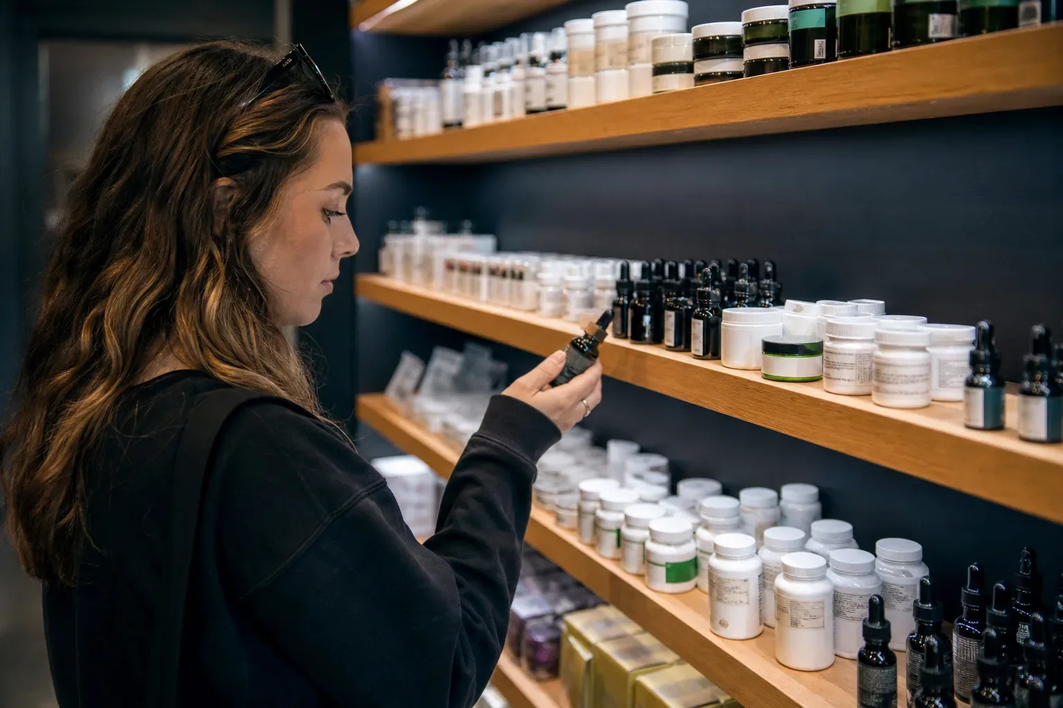 A dispensary shelf section featuring topical creams, capsules, and tincture bottles arranged by category