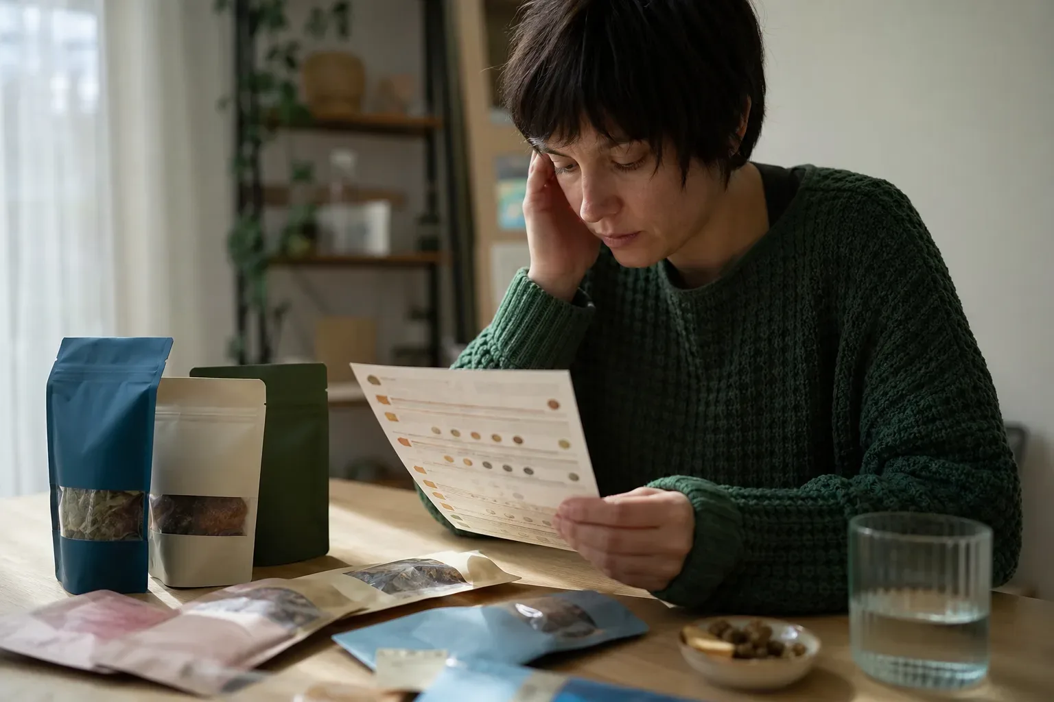 A person consulting a printed dosage chart while seated at a table with several edible product packages spread out