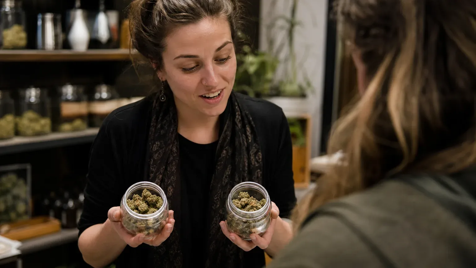 A budtender holding two open jars of different cannabis strains side by side for a customer to examine