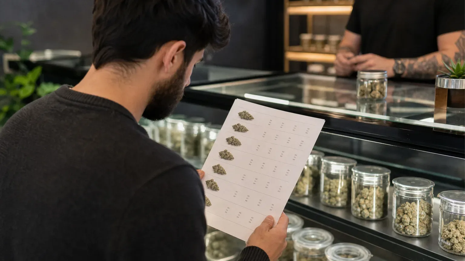 A customer reviewing a printed menu of flower strains with pricing columns at a dispensary counter