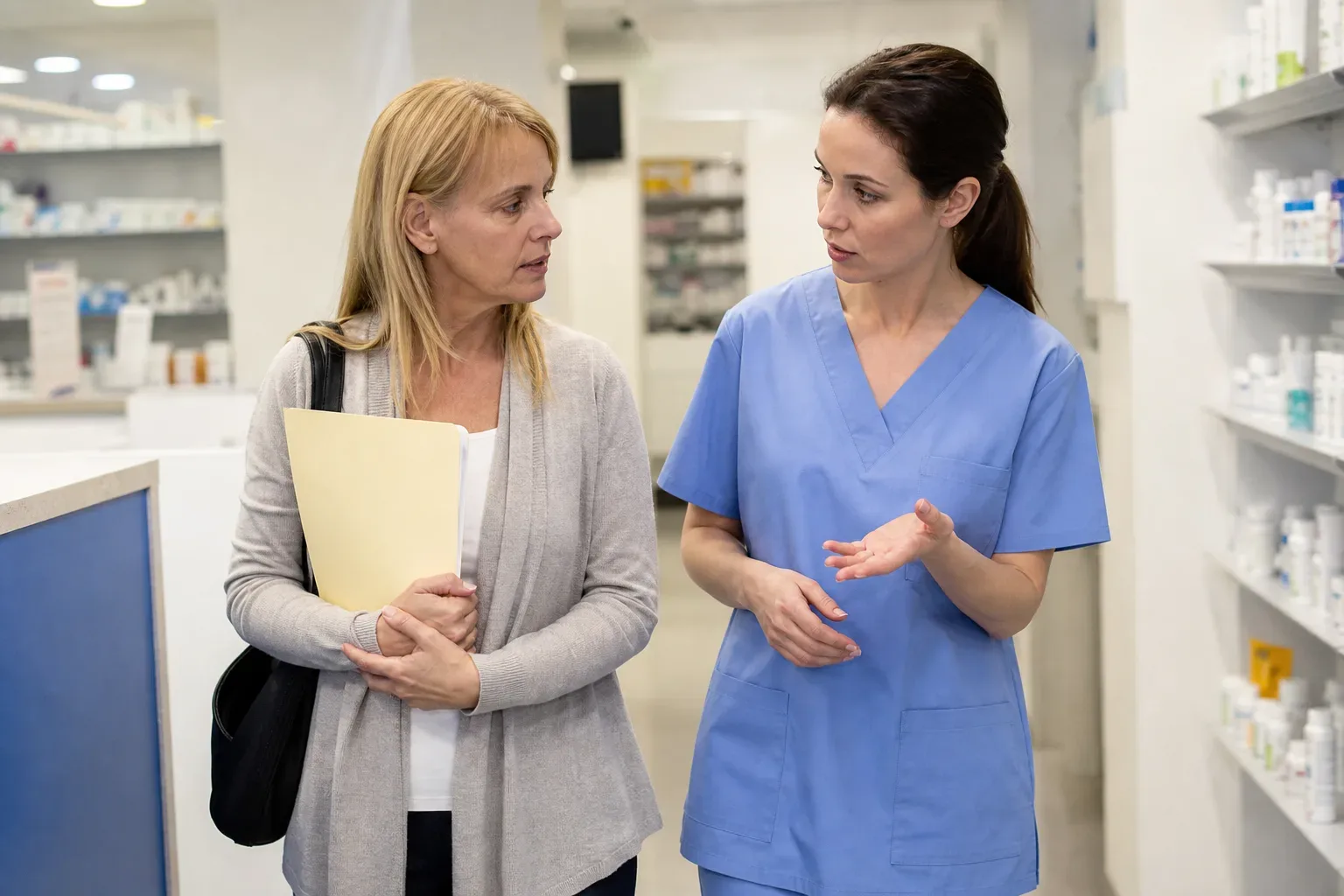 A medical patient with a folder of documents being guided through a dispensary by a staff member in uniform