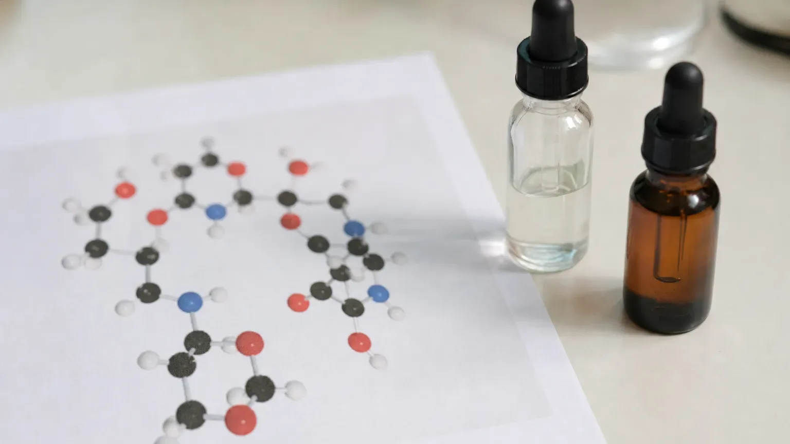 A molecular model diagram printed on paper placed next to two small dropper bottles on a white surface
