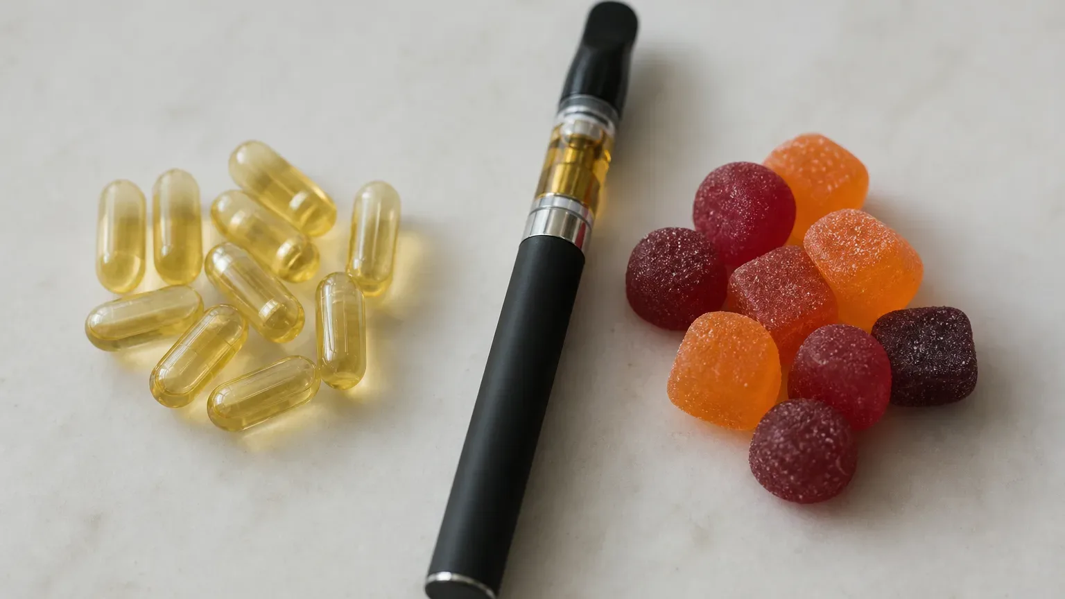 A flat lay of CBD capsules, a THC vape pen, and gummies grouped separately on a light surface