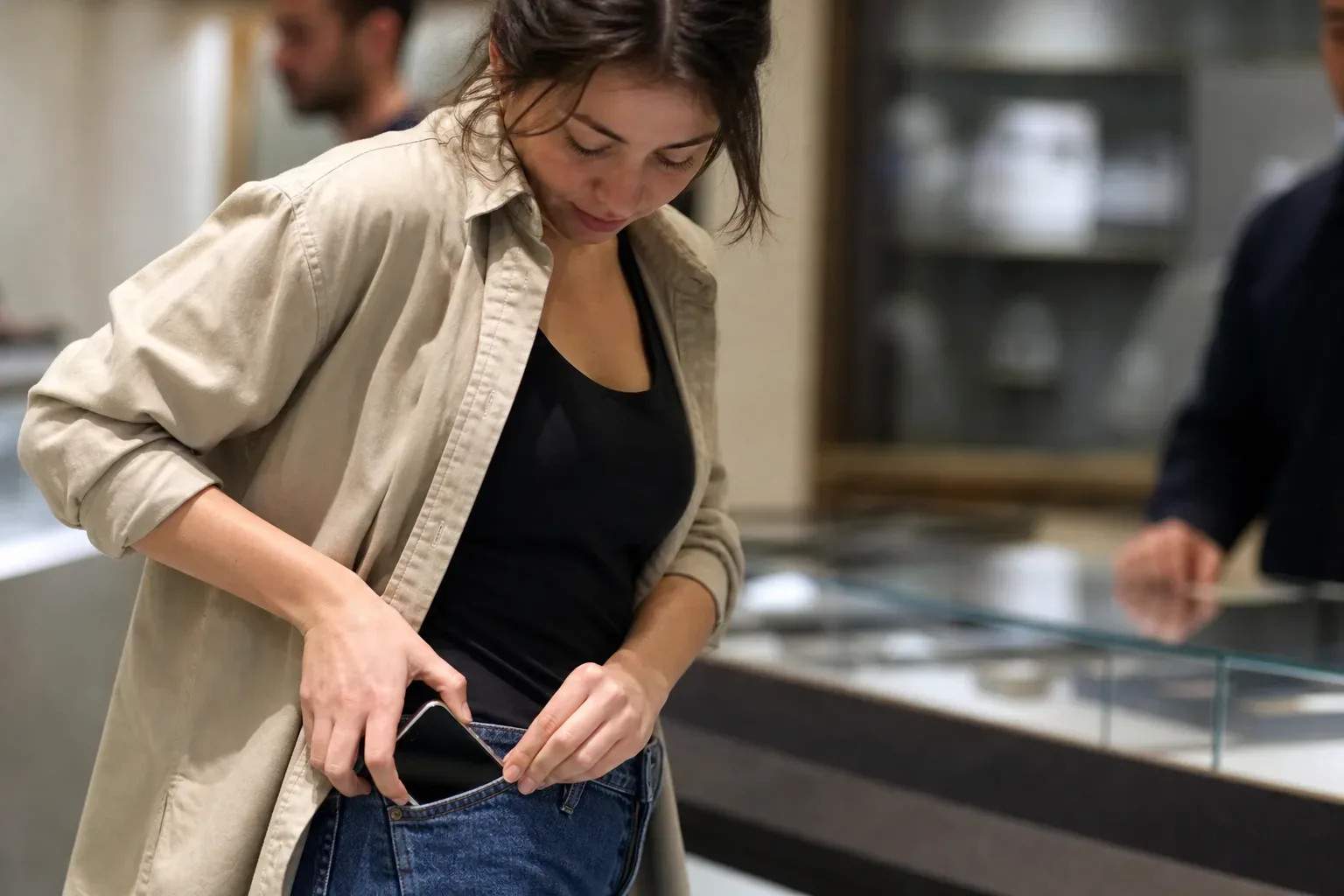 A person putting a phone away into a pocket while standing near a retail counter as if respecting a no-phone policy