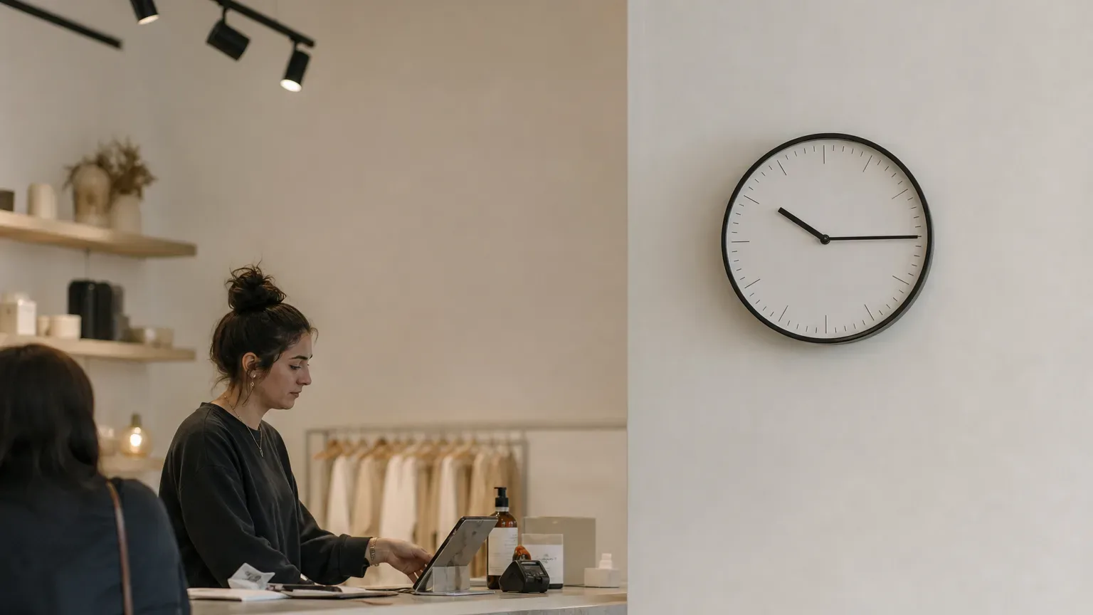 A wall clock mounted above a retail counter showing mid-morning time in a clean interior space