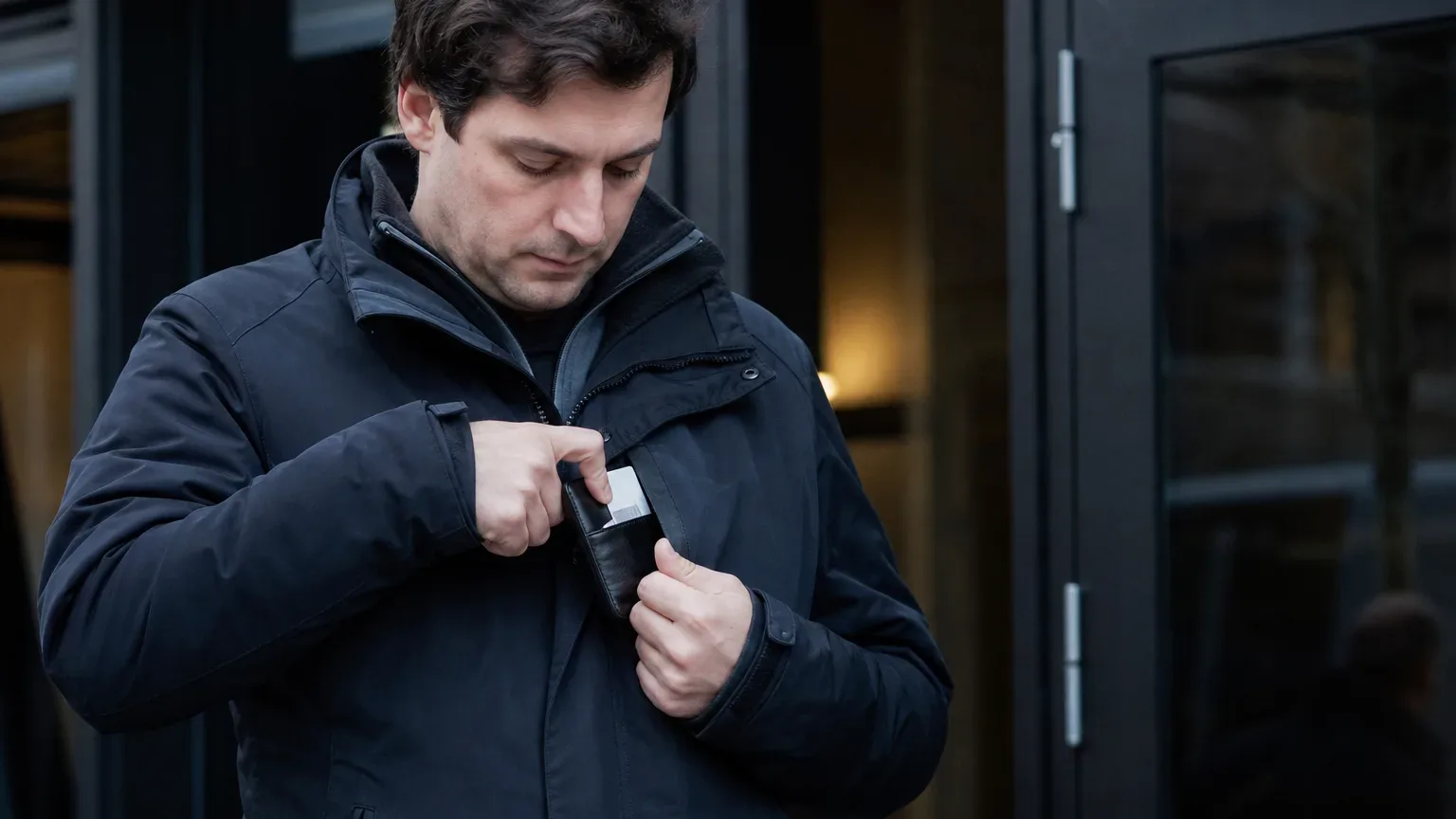 A customer pulling a wallet and ID card out of a jacket pocket while standing outside a building entrance