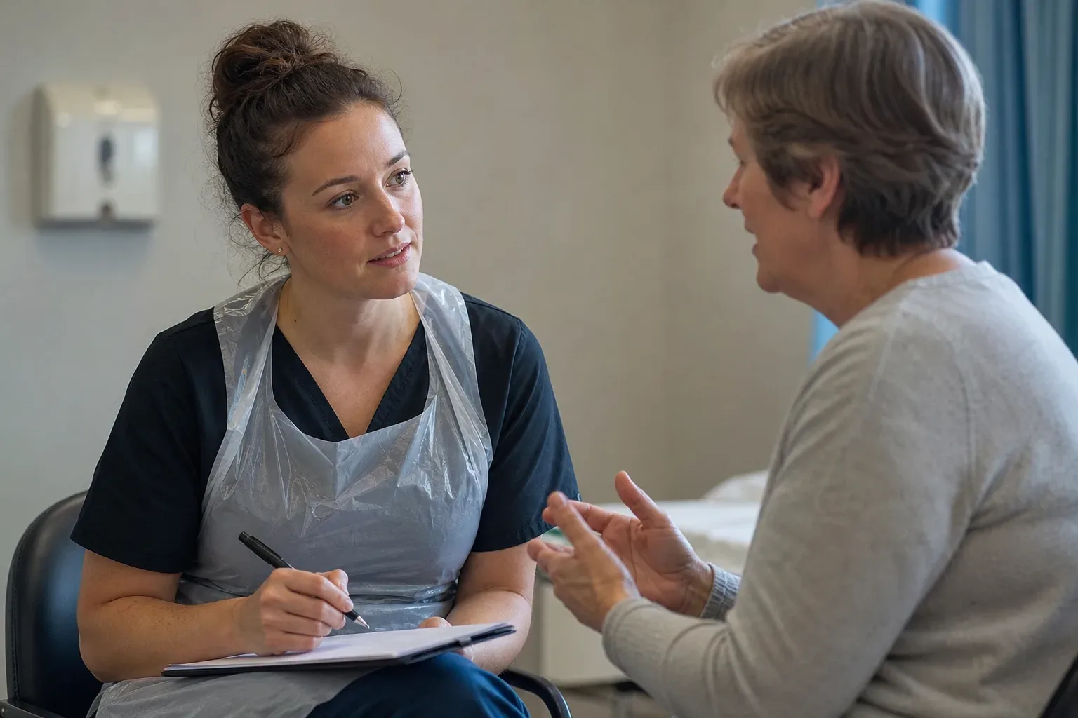 A staff member in a clinical apron attentively listening and taking notes while a patient speaks