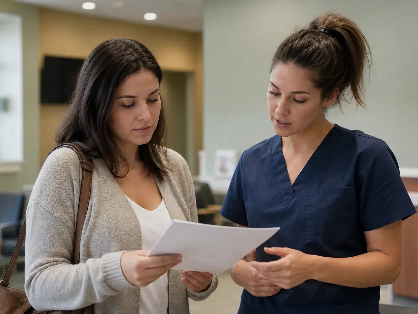 A first-time medical patient reviewing a printed intake checklist with a staff member standing beside them