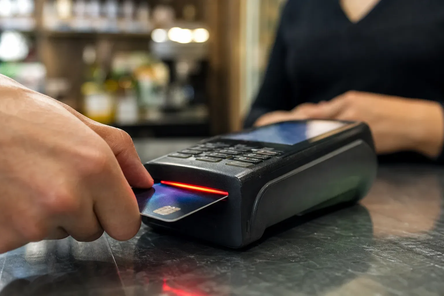 A close-up of a credit card being declined on a point-of-sale terminal with a red indicator light