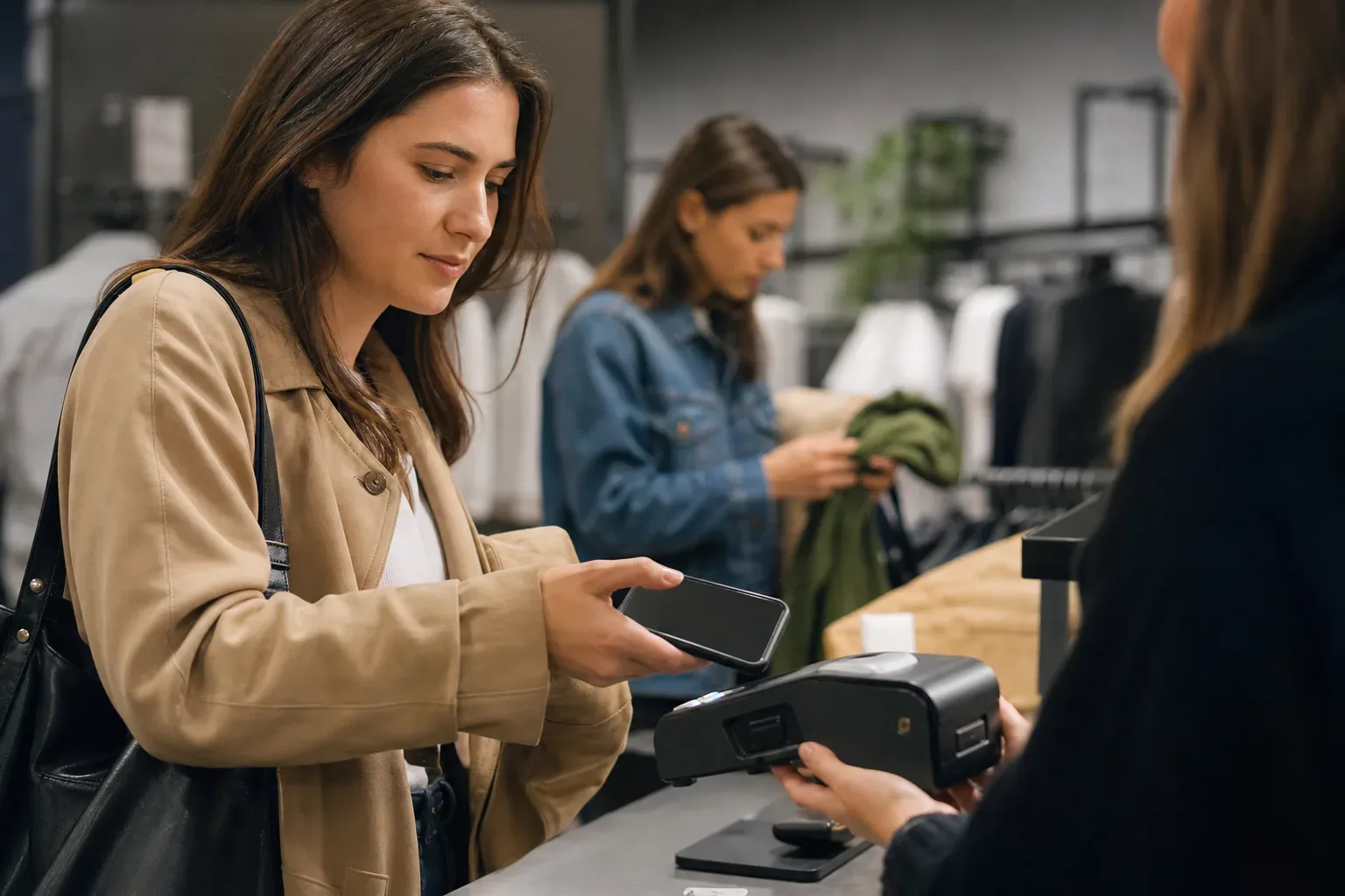 A customer tapping a smartphone screen to complete a mobile payment at a retail checkout station