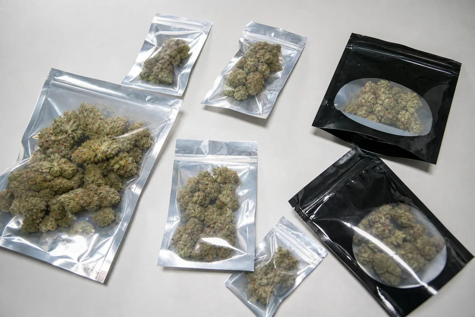 Several labeled cannabis product bags of varying sizes laid out flat on a clean white surface