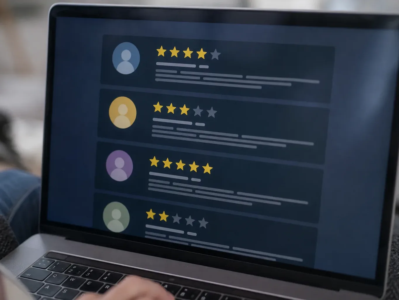 Close-up of a laptop screen displaying a star-rating review interface with written customer comments