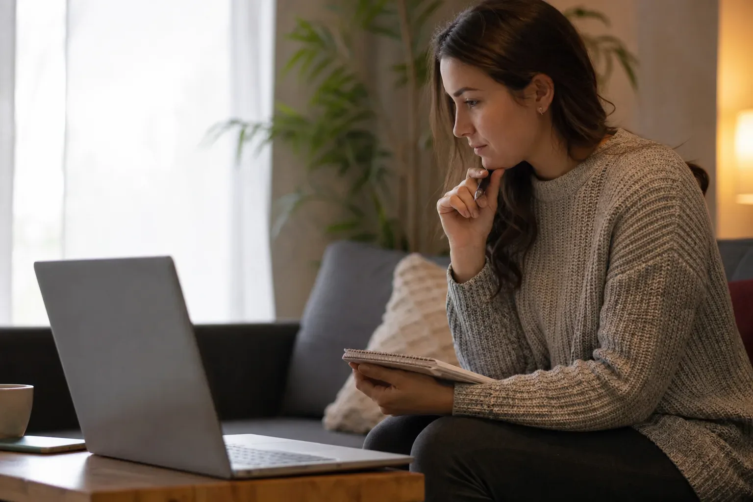 A first-time visitor sitting on a couch with a notepad and pen next to an open laptop showing a review site