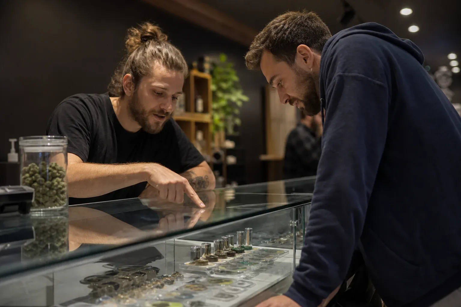 A budtender pointing to items inside a glass display case while a customer leans in to look