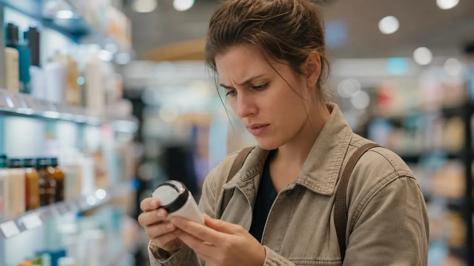 A customer looking confused while reading a product label on a small jar under bright retail lighting