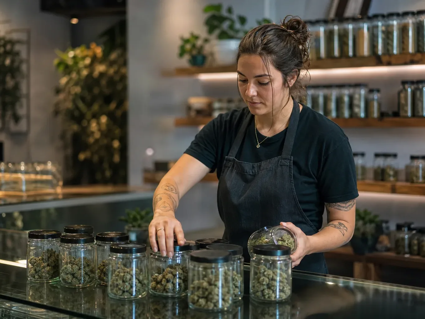 A budtender in an apron standing behind a glass counter organizing labeled product jars