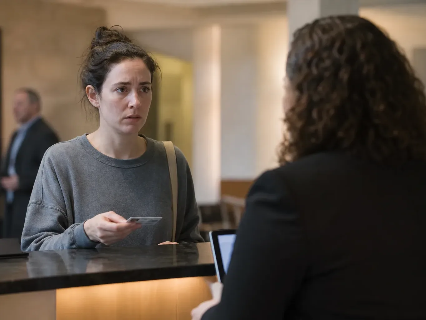 A nervous-looking young adult holding an ID card at a reception desk