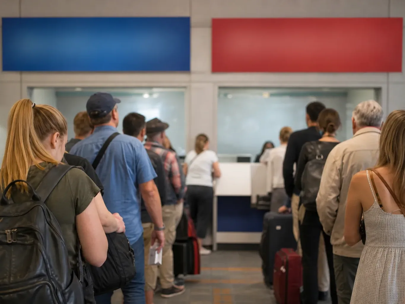 Two separate lines of customers at distinct check-in windows with different signage placeholders blurred