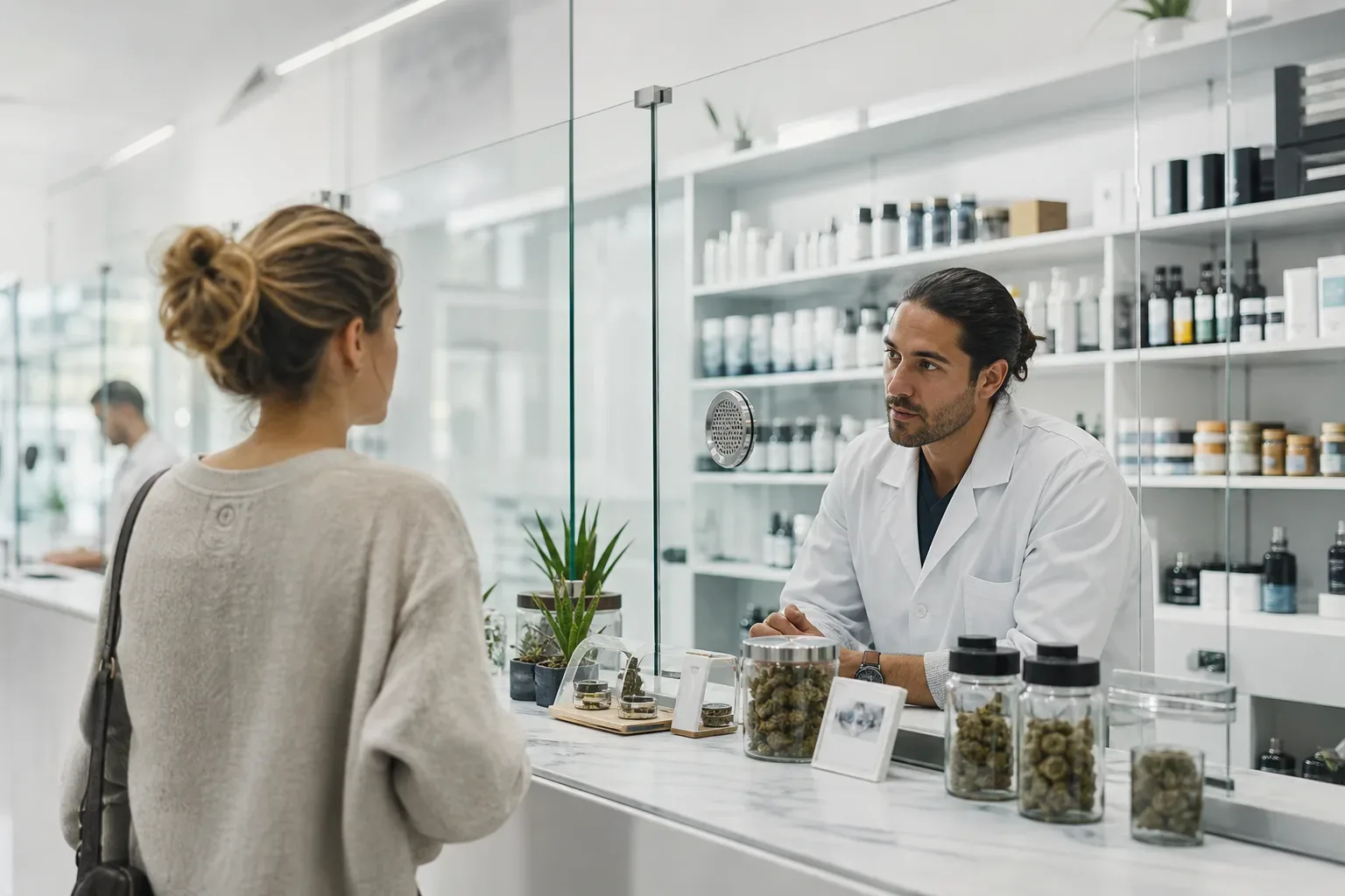 A dispensary interior with a clinical white aesthetic, glass consultation windows, and organized medical product shelves