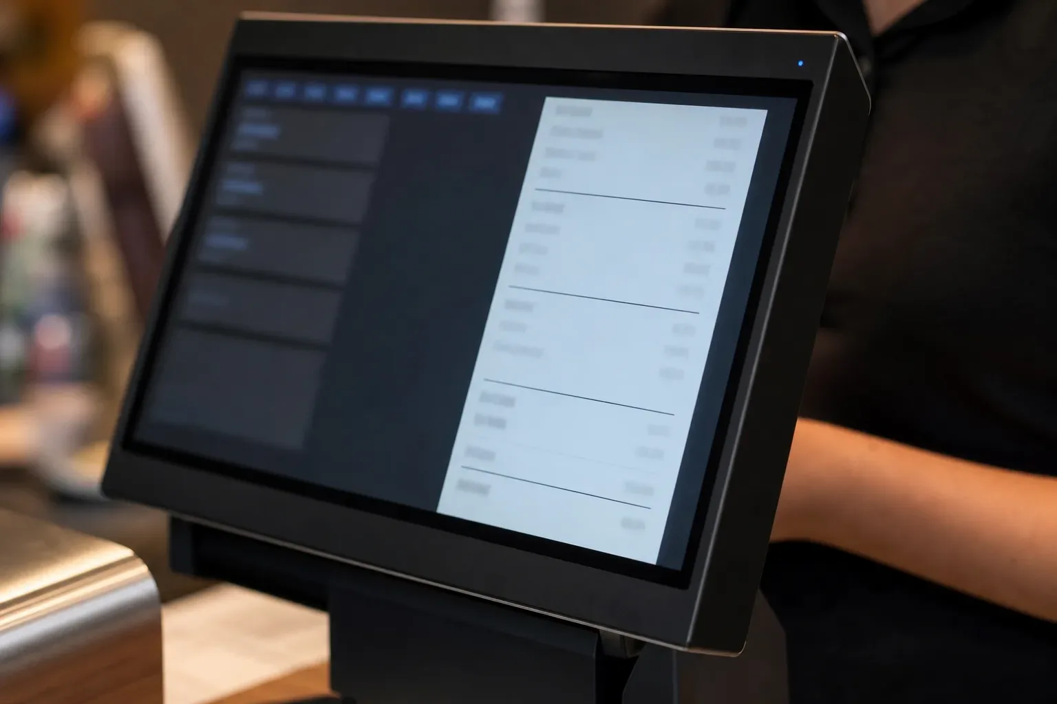 A close-up of a point-of-sale screen showing an itemized receipt with a tax line visible