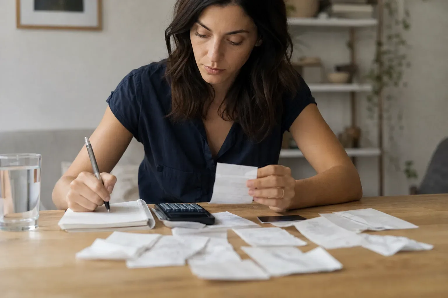A person sitting at a desk with a notepad doing a cost-benefit calculation with receipts and a card spread out in front of them