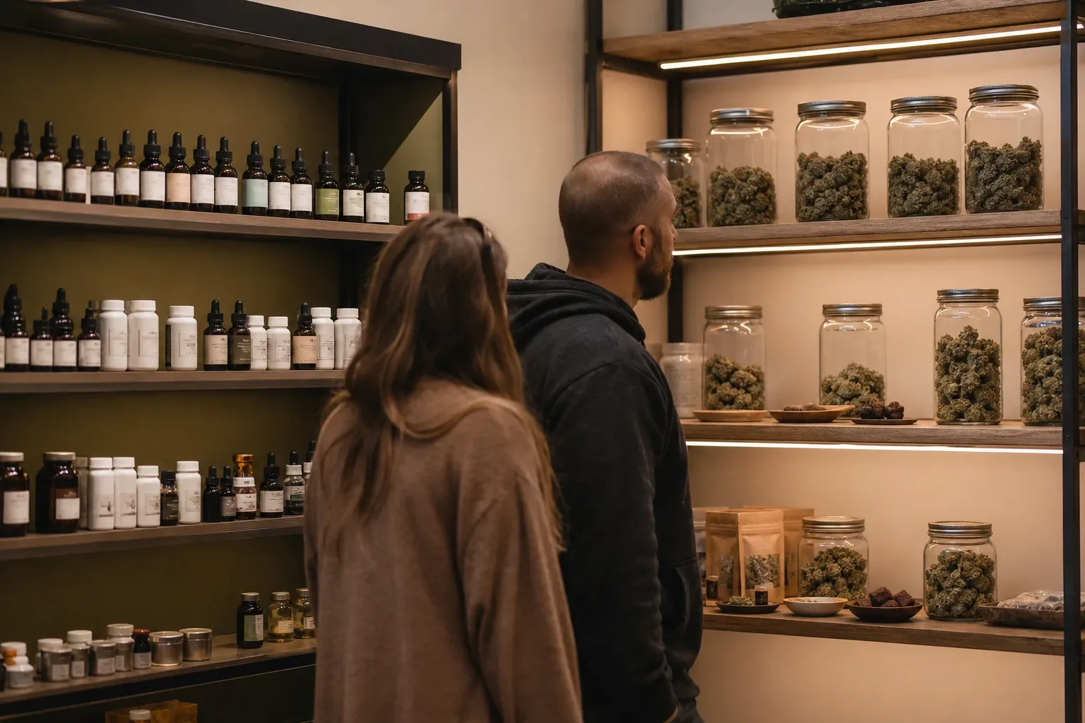 Two separate product shelves stocked differently—one with clinical tinctures and capsules, one with flower jars and edibles