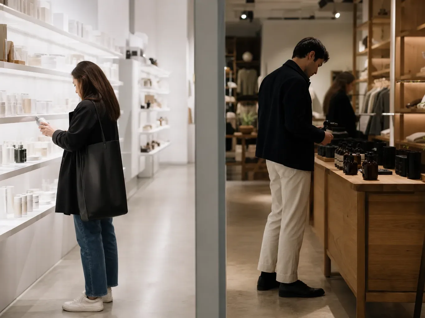 A split retail floor where one side has clinical white shelving and the other has warm wood retail fixtures