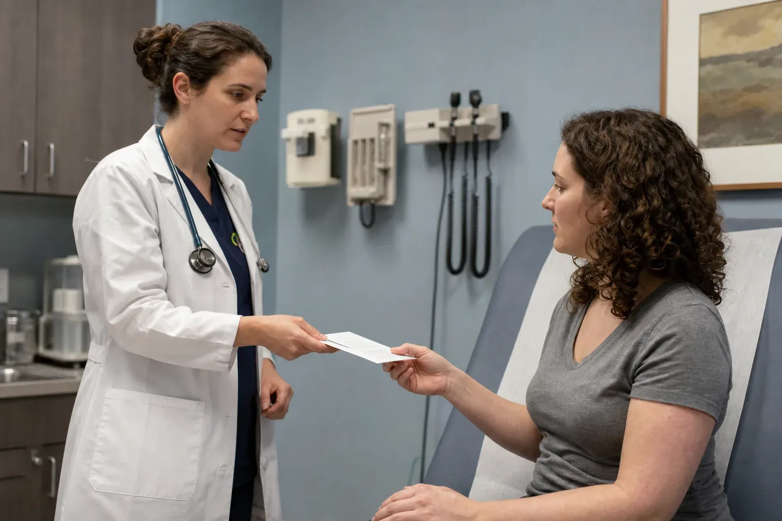 A doctor in a white coat handing a folded document to a seated patient in a clinical exam room