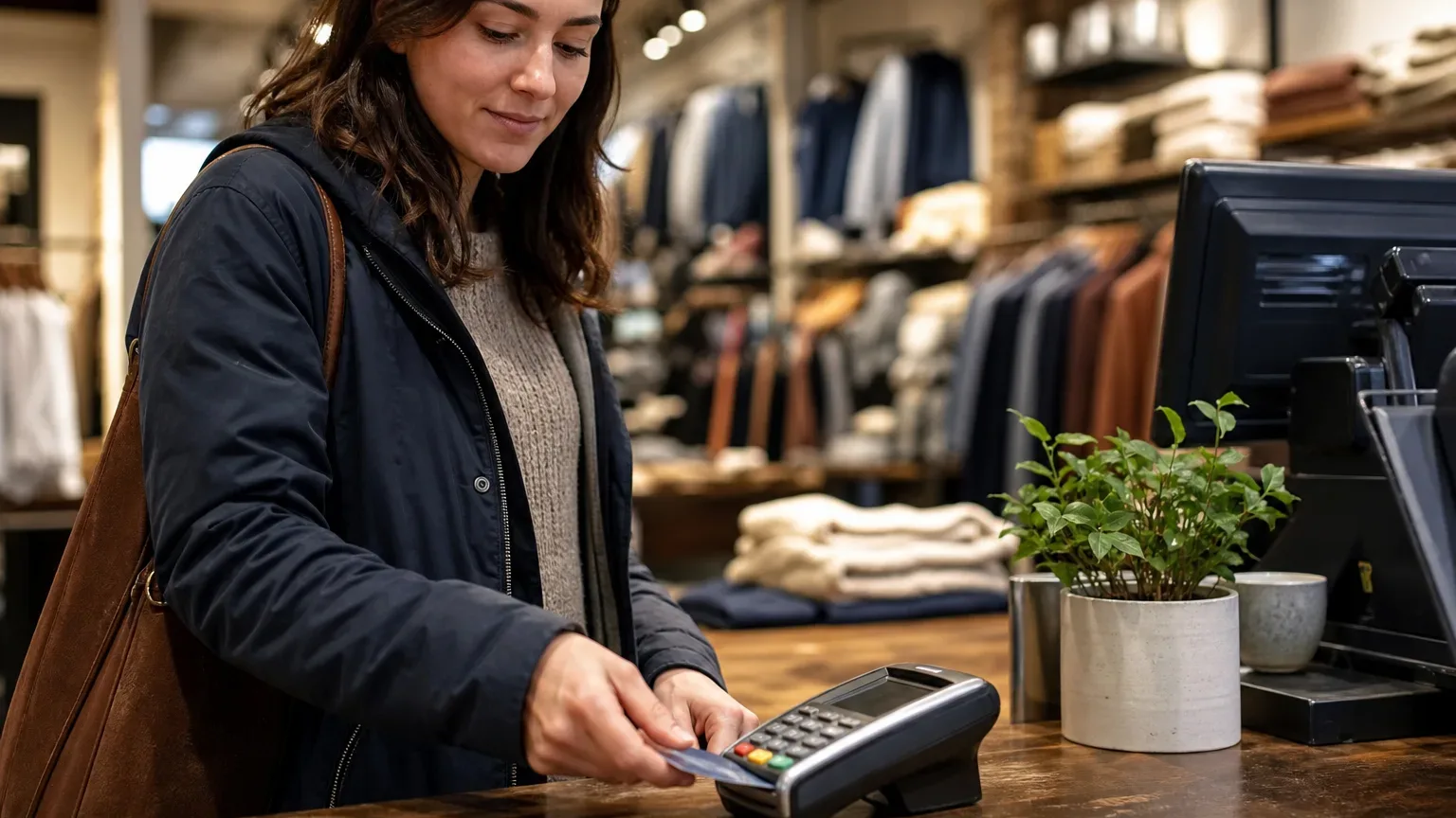 A customer inserting a debit card into a countertop card reader at a retail checkout station