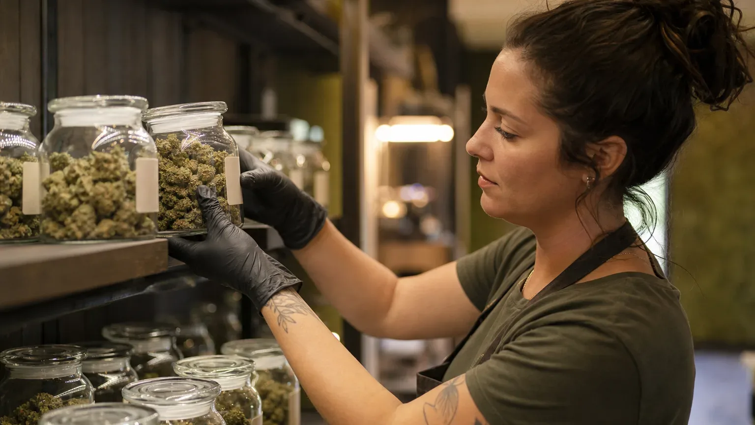 A budtender wearing gloves carefully placing labeled cannabis jars on a display shelf